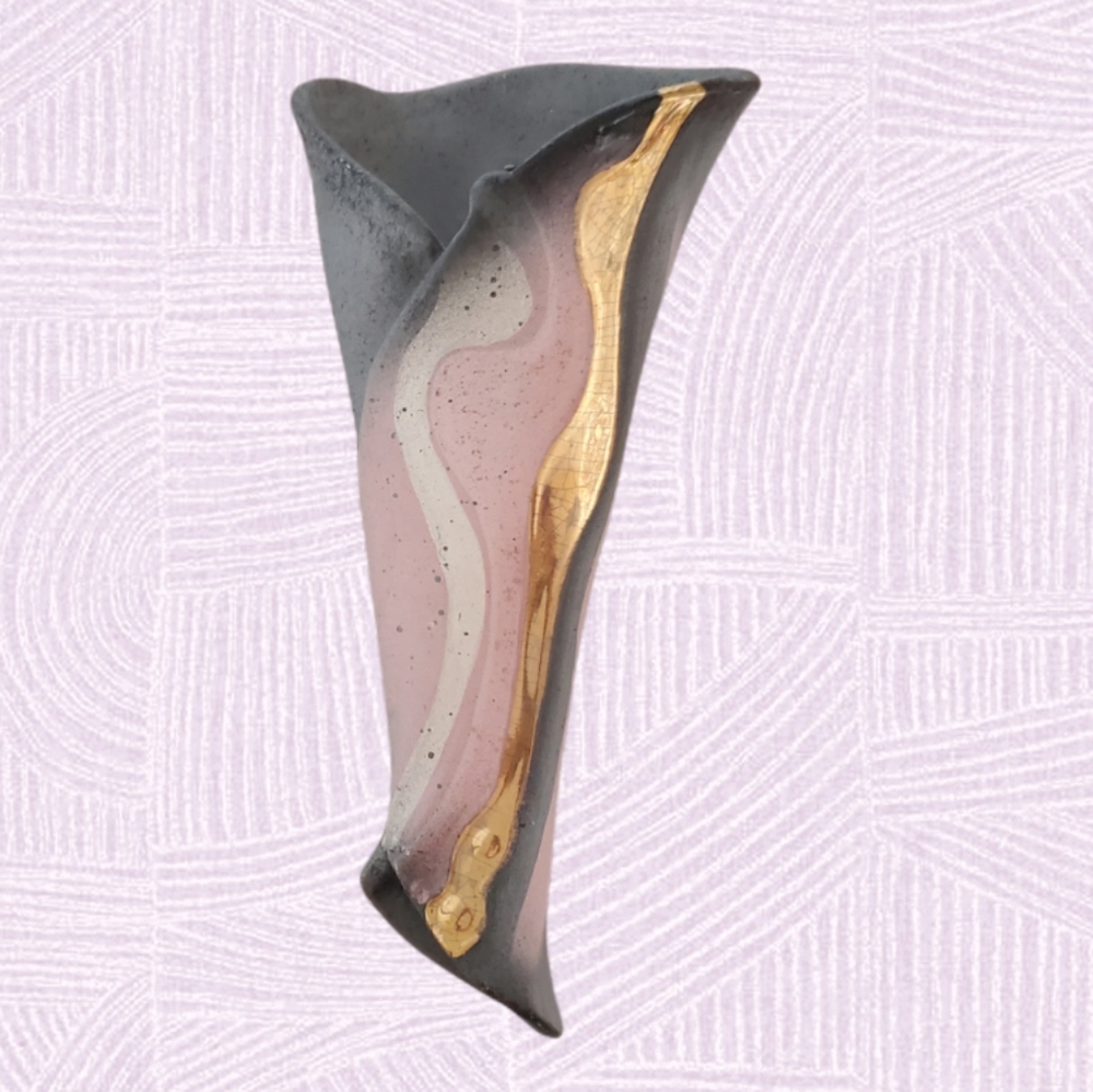 Textured Ceramic Wall Vase Pink Gray Gold Funnel Shaped Handmade Signed